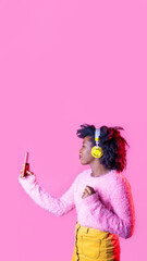 Young black woman holding smartphone videocalling communicating during post pandemic new normal period isolated background
