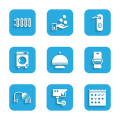 Set Covered with tray, Security camera, Hotel booking calendar, Toilet bowl, Shower head, Washer, Door handle and Heating radiator icon. Vector