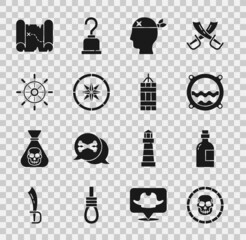 Set Pirate coin, Alcohol drink Rum, Ship porthole with seascape, captain, Compass, steering wheel, treasure map and Dynamite bomb icon. Vector