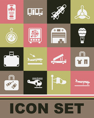 Set Plane, Suitcase, Hot air balloon, Rocket, Radar with targets monitor, Barometer, Mobile ticket and Aircraft hangar icon. Vector