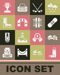 Set Thermos container, Ice resurfacer, Snowboard, hockey sticks, Winter scarf, Waterproof rubber boot, Award cup and Ski and icon. Vector