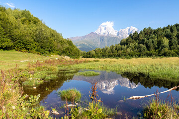 Naklejka na ściany i meble Lush green pasture with a small pond in the middle, reflecting high Ushba peaks in it's calm surface. High Caucasus mountain chains in Georgia. Serenity and calmness. Dense forest on the sides.