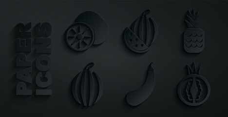 Set Eggplant, Pineapple, Watermelon, Tomato, and Kiwi fruit icon. Vector