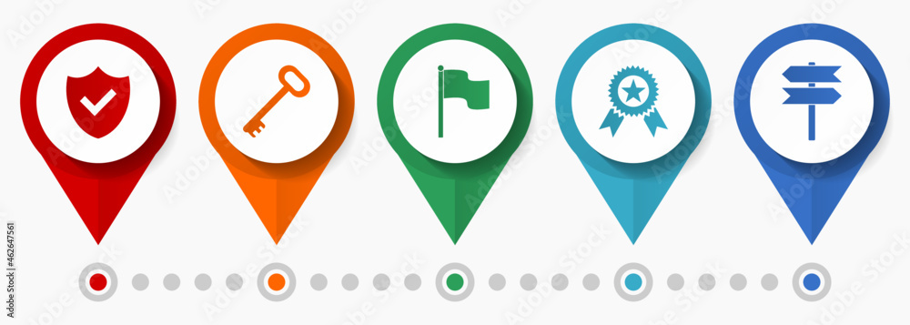 Poster web and internet concept vector icon set, flat design colorful pointers, infographic template with 5