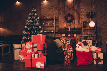 Photo of cozy north-pole santa claus house christmas tree season present chair indoors inside home apartment