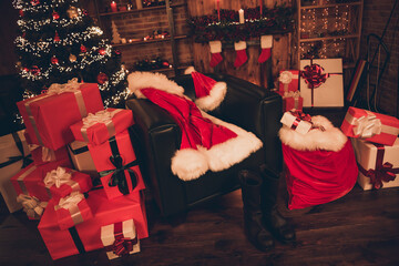 Fototapeta na wymiar Photo of santa living room north pole evergreen tree present gift box new year time atmosphere indoors