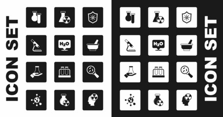 Set Shield protecting from virus, Chemical formula for H2O, Microscope, Test tube and flask, Mortar pestle, radiation, Microorganisms under magnifier and icon. Vector