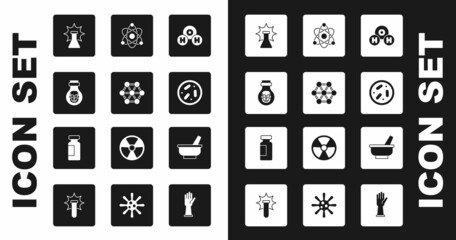 Set Chemical formula for H2O, Molecule, Poison in bottle, explosion, Petri dish with bacteria, Atom, Mortar and pestle and Test tube flask icon. Vector
