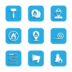 Set Location with fire flame, Megaphone, Burning forest tree, Fire hose reel, No, Firefighter and axe icon. Vector