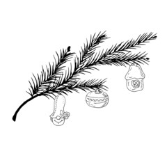 Christmas tree with toys. Vectral illustration, sketch.