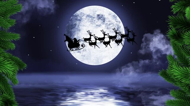 Green tree branches over santa claus in sleigh being pulled by reindeers against moon in night sky