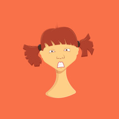 The face of a girl with pigtails and disheveled hair feeling angry 