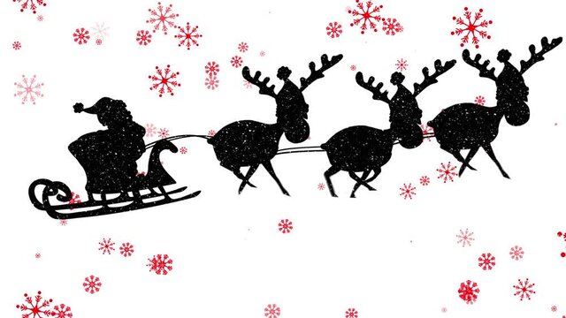 Red snowflakes falling over santa claus in sleigh being pulled by reindeers against white background