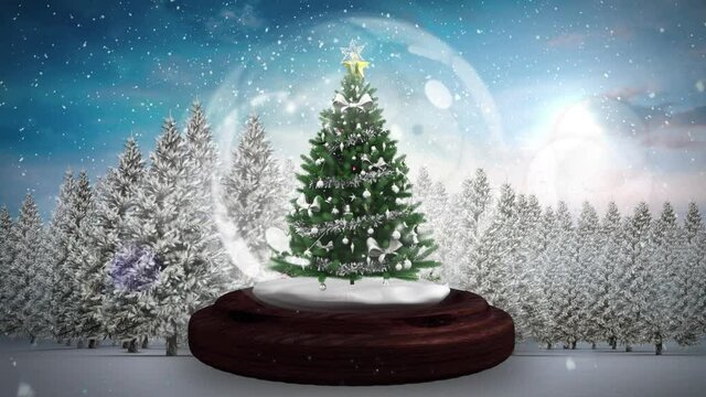 Shooting star around christmas tree in a snow globe against snow falling over winter landscape
