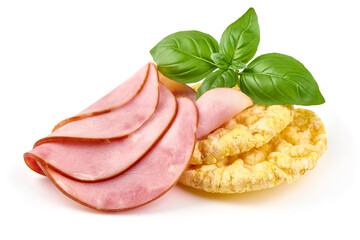 Pork ham slices, cooked ham, isolated on white background.