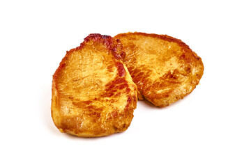 Barbecued pork steaks, isolated on white background.