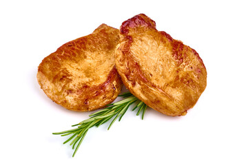 Barbecued pork steaks, isolated on white background.