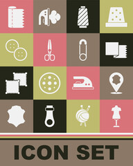 Set Mannequin, Leather, Textile fabric roll, Sewing thread on spool, Scissors, button, and Safety pin icon. Vector