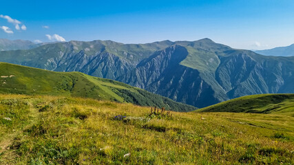 A panoramic view on high Caucasus mountains in Georgia. There are high, snowcapped peaks in the back. Lush pasture in front. Idyllic landscape. Calmness and meditation. Natural remedy