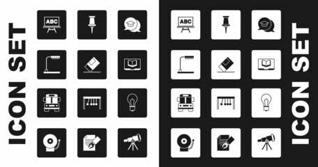 Set Graduation cap in speech bubble, Eraser or rubber, Table lamp, Chalkboard, Online class, Push pin, Light bulb with idea and School Bus icon. Vector