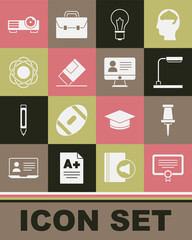 Set Certificate template, Push pin, Table lamp, Light bulb with idea, Eraser or rubber, Atom, Movie, film, media projector and Online class icon. Vector