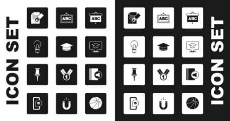 Set Chalkboard, Graduation cap, Light bulb with idea, Exam sheet and pencil, in speech bubble, Audio book and Push pin icon. Vector