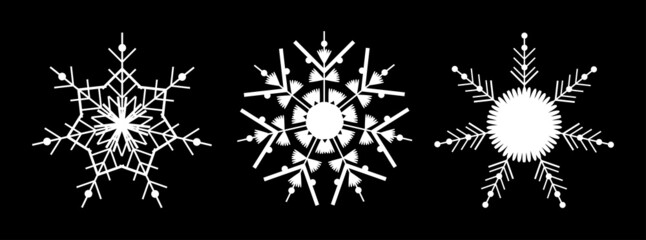 Set white snowflake on a black background. Decor for Christmas and New Year design of cards, banners, websites, icons. Elegant geometric vector linear illustration.