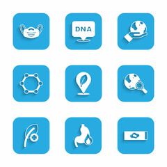 Set Location with leaf, Stomach heartburn, Blood test and virus, Magnifying glass globe, Leaf or leaves, Molecule, Hand holding Earth and Medical protective mask icon. Vector