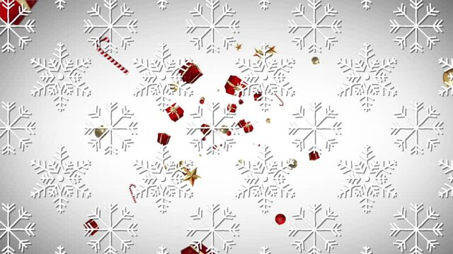 Snowflakes icons in seamless pattern against christmas gifts, baubles and candy cane icons floating