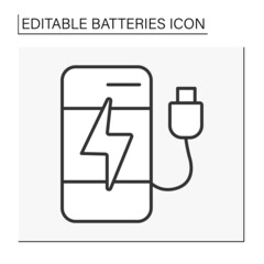  Energy line icon. Smartphone charging by power bank. Power generator. Battery concept. Isolated vector illustration. Editable stroke
