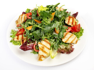 Mixed Salad with Spinach and Rocket Salad with Grilled Chicken isolated on white Background