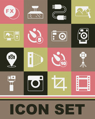 Set Camera roll cartridge, Softbox light, Photo camera, USB cable cord, timer, retouching, fx and icon. Vector