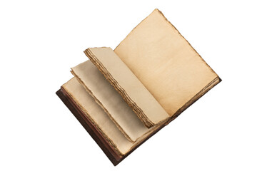 An open empty old notebook isolated on a white background.