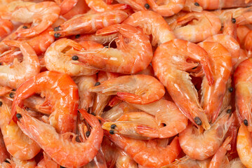 Shrimps background texture. A lot of shrimps. Cooked shrimps.