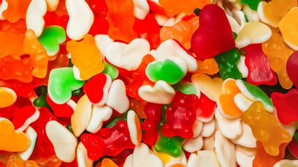 Assorted gummy candies. Top view. Jelly  sweets.