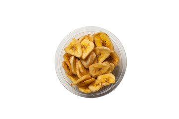 Banana chips isolated on a white background. Dehydrated banana.