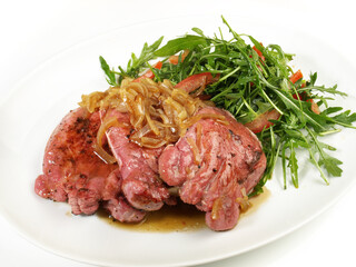 Fine Meat - Boiled Cured Veal Tongue Meat Slices with Salad  isolated on white Background