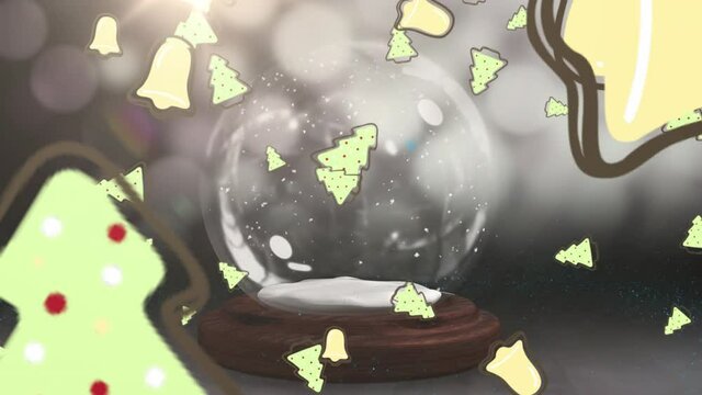 Christmas tree and bell icons falling against shooting stars around snow globe on grey background