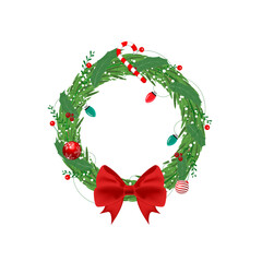  christmas background .  Merry christmas and happy new year. christmas tree wreath decorated with christmas balls and candy canes. holiday decoration element on red background.