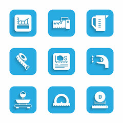 Set Area measurement, Protractor, Diameter, Approximate measurements, Scales, Measuring tape, cup and Graph, schedule, chart, diagram icon. Vector