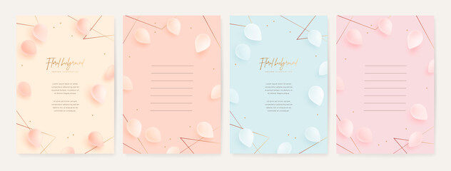 Set of greeting card design template. Vector illustration of realistic tulip petals and golden elements. Floral background for poster, cover, booklets, wedding invitation