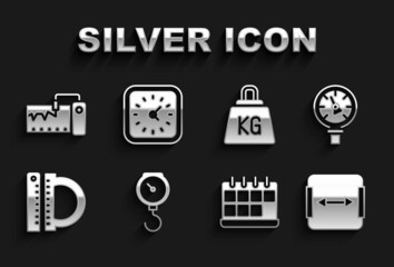 Set Hand scale spring mechanical, Pressure water meter, Area measurement, Calendar, Protractor ruler, Weight, Measuring instrument and Clock icon. Vector