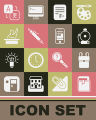 Set Book, School backpack, Ringing alarm bell, Exam paper with incorrect answers, Pen, Male kid raising hand, Translator and Smartphone icon. Vector