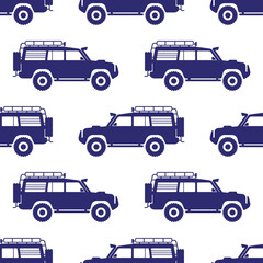 Blue SUVs isolated on white background. Cute monochrome car off-road seamless pattern. Vector simple flat graphic illustration. Texture.