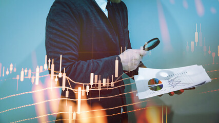 Double exposure of young business man and digital number of stock market background to represent successful in investment marketing. Find out the best solution in business and financial as concept.	
