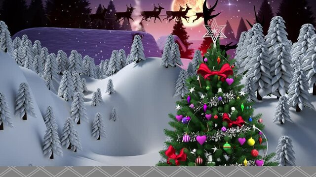 Animation of christmas tree with snow falling and winter scenery