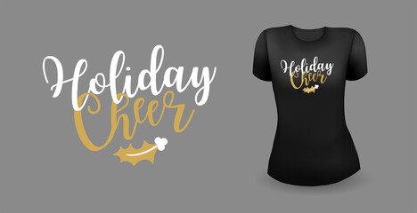Black female t shirt with label. Holiday cheer badge. Christmas emblem. Vector