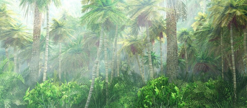 Jungle, rainforest during the plank, palm trees in the morning in the fog, jungle in the haze, 3D rendering