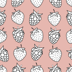 Seamless pattern with black and white strawberries and raspberries on pink background. Vector illustration for girls fabric, textile or wrapping paper.