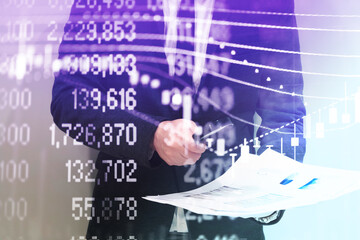 Fototapeta na wymiar Double exposure of young business man and digital number of stock market background to represent successful in investment marketing. Find out the best solution in business and financial as concept. 